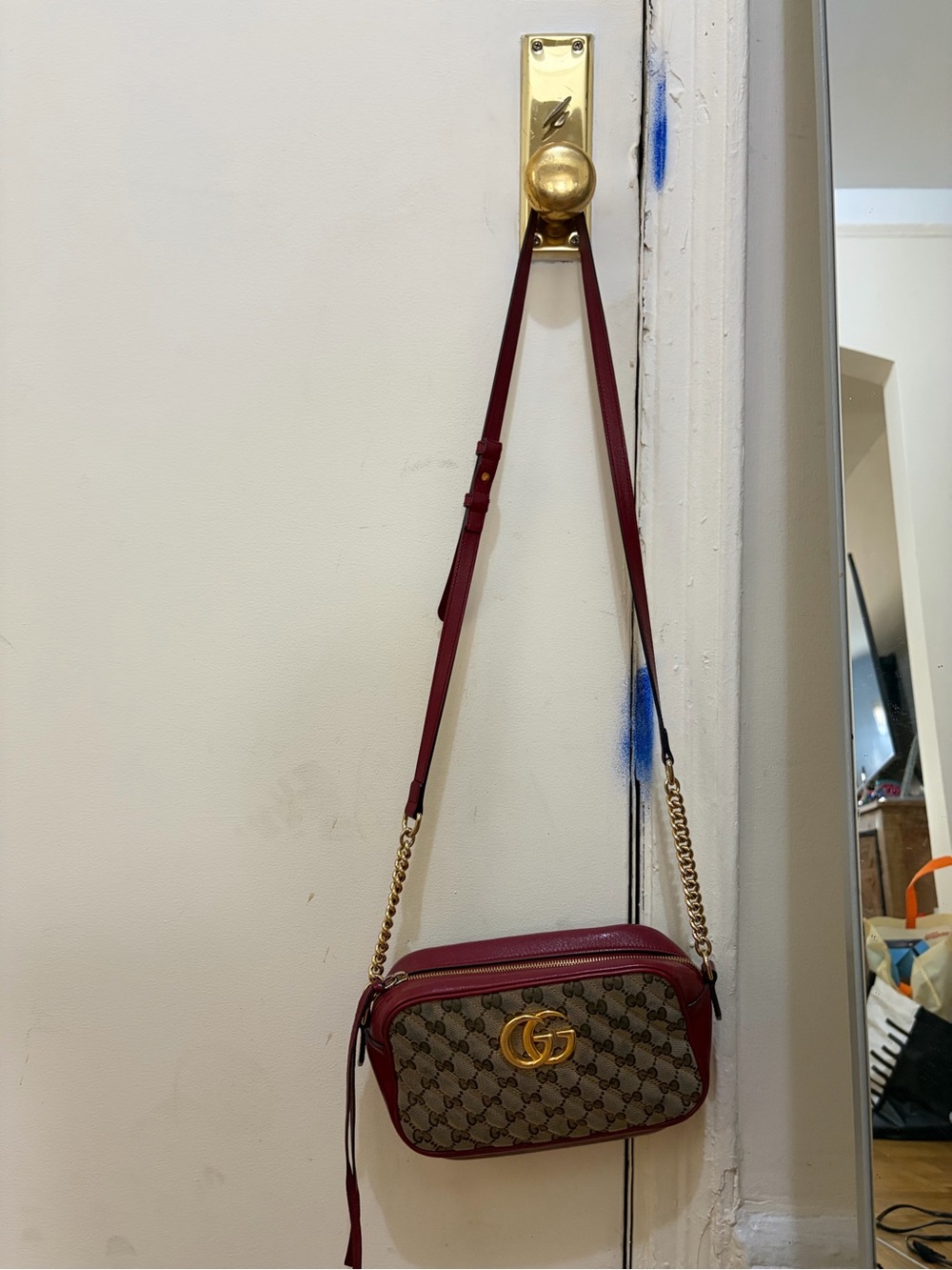 Gucci Brown GG Canvas Crossbody with Burgundy Leather Trim